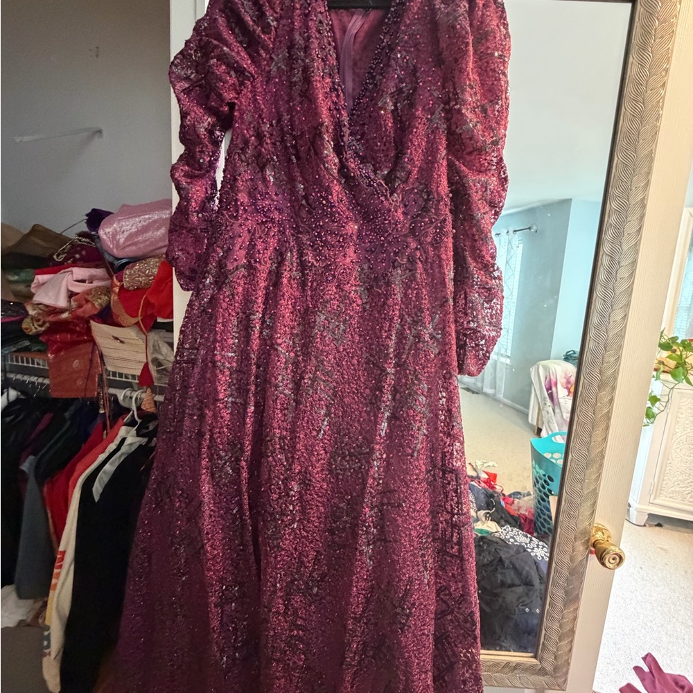 Mac Duggal Long Sleeve Sequin Gown in Deep Purple